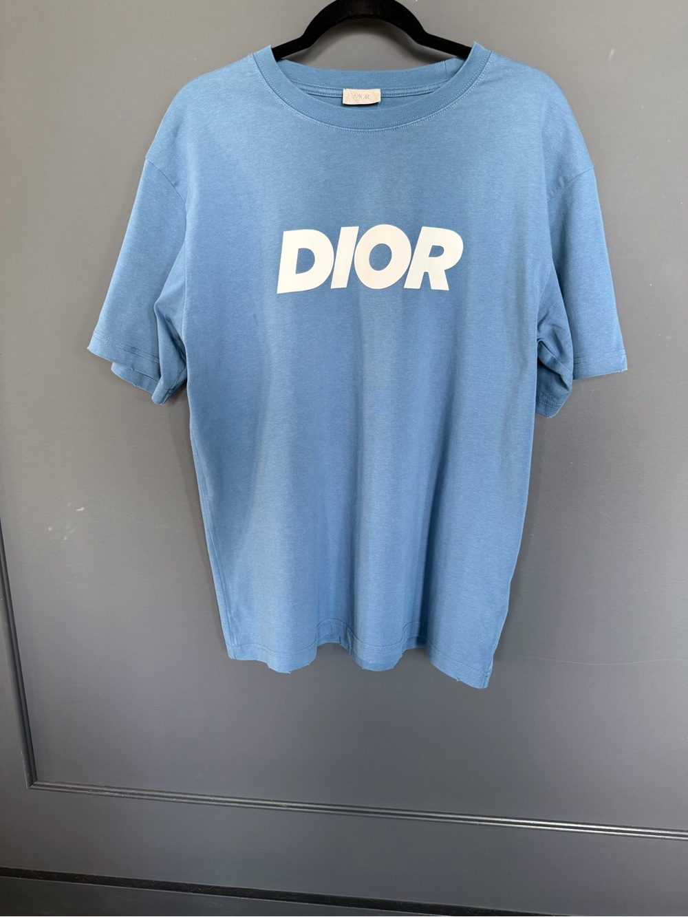 Dior Men's Sky Blue Crewneck T-Shirt with White Logo